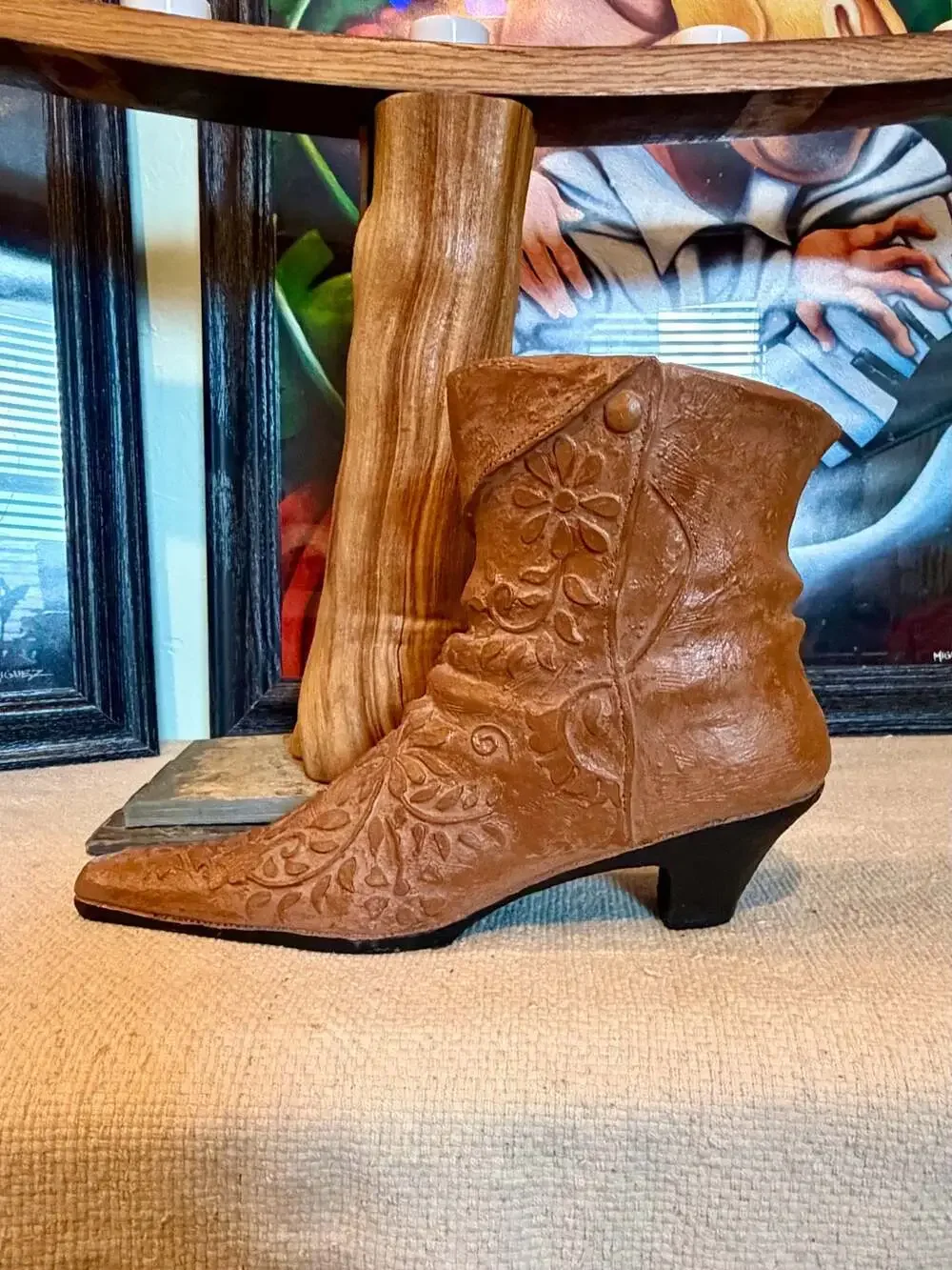 Vintage Ceramic Cowboy Boot Planter Vase Floral Embossed Brown